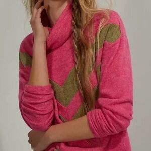 Anthropologie-Lani Cowl Neck Pullover Sweater–Pink & Olive Chevron-Cozy-Winter